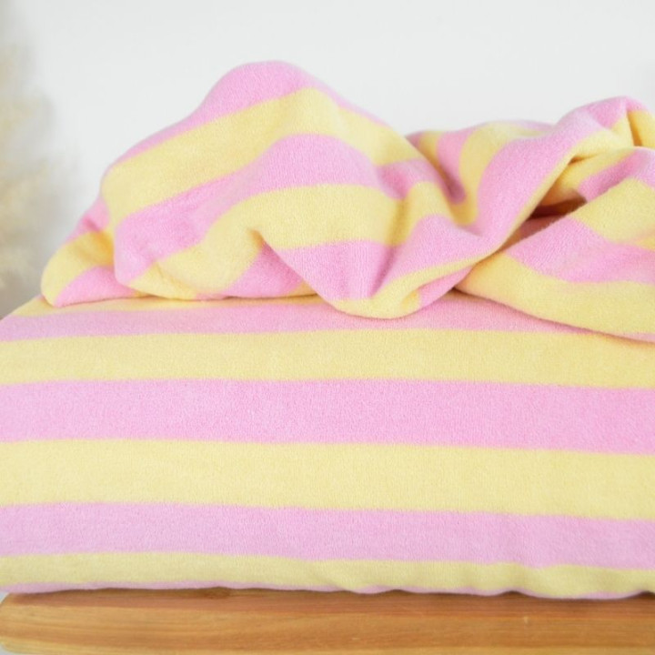 Tissu maille jersey éponge à rayures roses et beurre - OEKO TEX