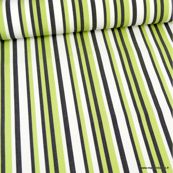 Tissu extérieur à rayures vertes, noires et blanches.