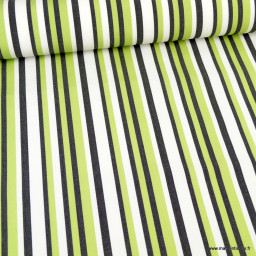 Tissu extérieur à rayures vertes, noires et blanches.