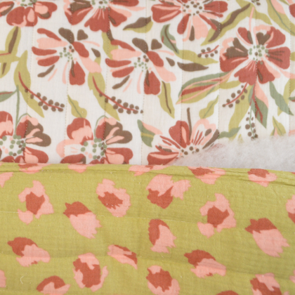 1 coupon de 68 cm de Double gaze matelassée motif fleurs et léopard vert olive