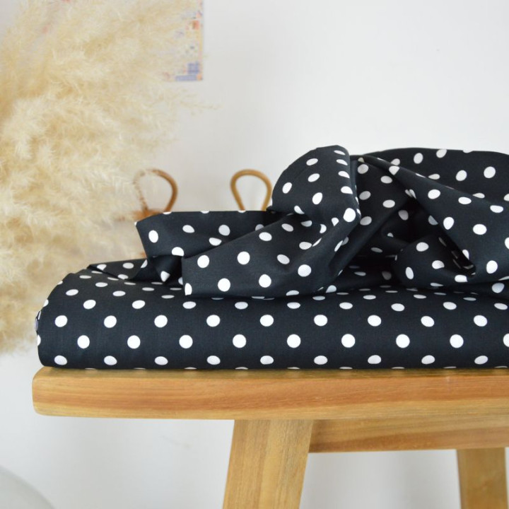 Tissu popeline coton motif Pois blancs fond Noir - OEKO TEX