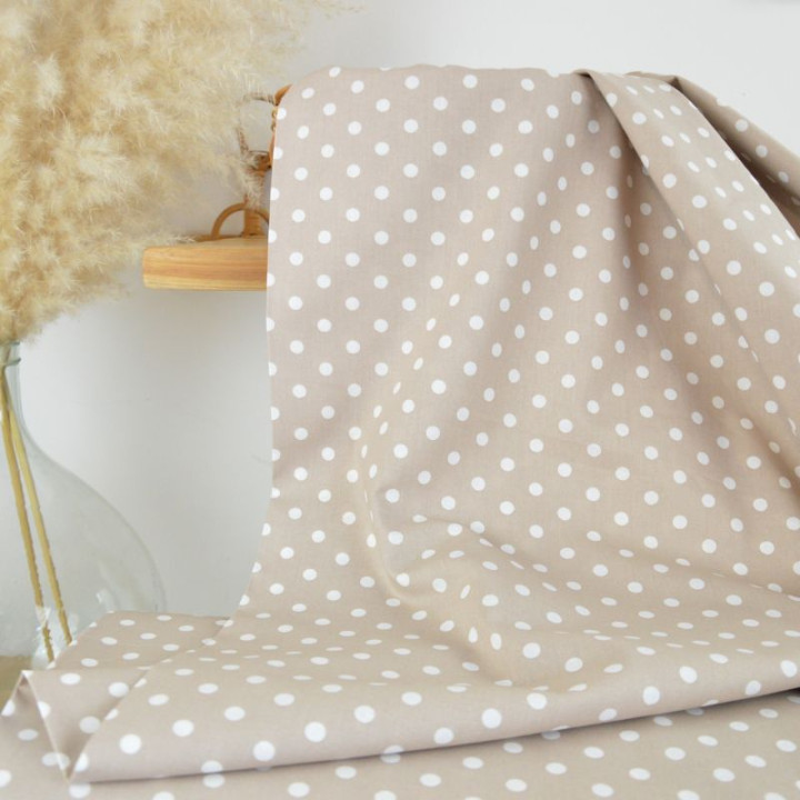 Tissu popeline coton motif Pois blancs fond Sable - OEKO TEX