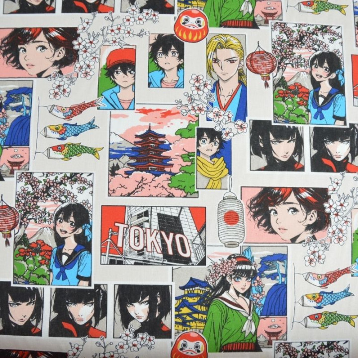 Tissu coton Sasuke motif Manga Japonais – Fond Blanc - OEKO TEX