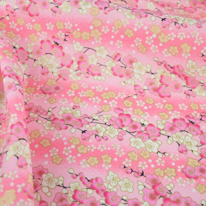 Tissu coton Foil motif fleurs cerisier Japonais - Rose