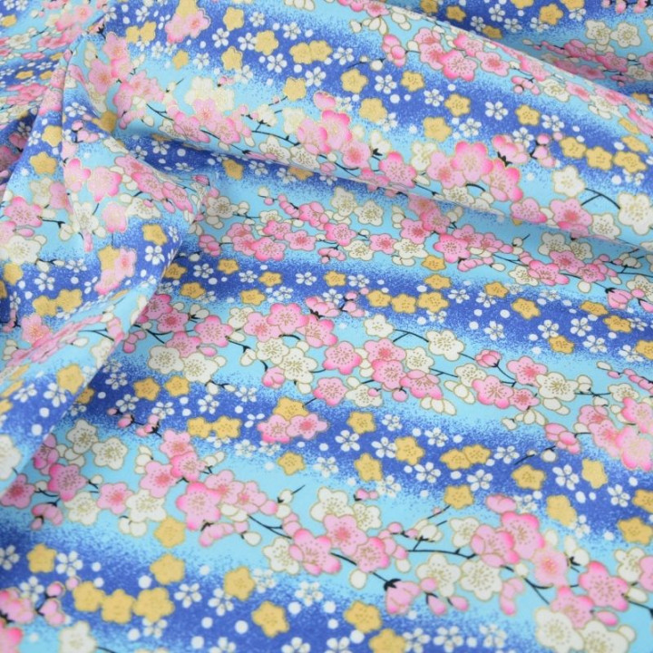 Tissu coton Foil motif fleurs cerisier Japonais - Bleu