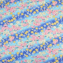 Tissu coton Foil motif fleurs cerisier Japonais - Bleu