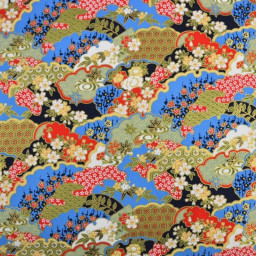Tissu coton Foil motif traditionnels bleu, rouge et or