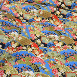 Tissu coton Foil motif traditionnels bleu, rouge et or