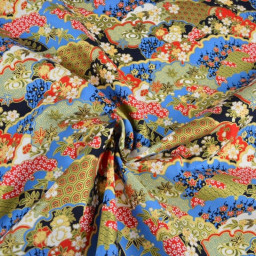 Tissu coton Foil motif traditionnels bleu, rouge et or