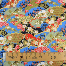 Tissu coton Foil motif traditionnels bleu, rouge et or