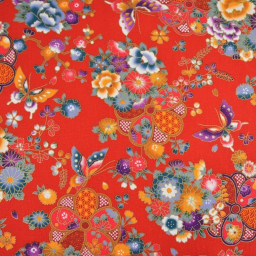 Tissu coton Wasabi motif fleurs et papillons japonais - Rouge