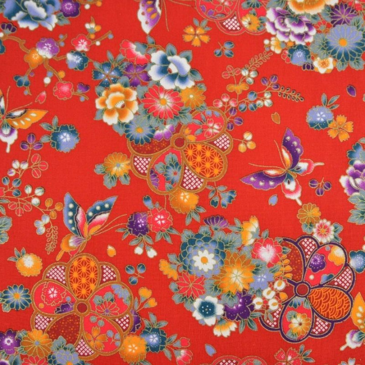 Tissu coton Wasabi motif fleurs et papillons japonais - Rouge