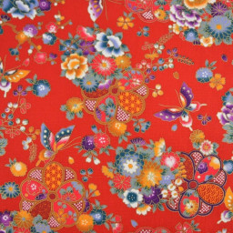 Tissu coton Wasabi motif fleurs et papillons japonais - Rouge