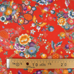 Tissu coton Wasabi motif fleurs et papillons japonais - Rouge