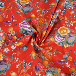 Tissu coton Wasabi motif fleurs et papillons japonais - Rouge