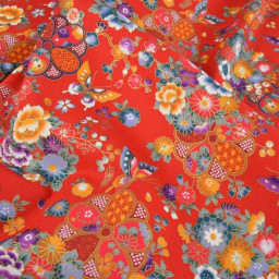 Tissu coton Wasabi motif fleurs et papillons japonais - Rouge