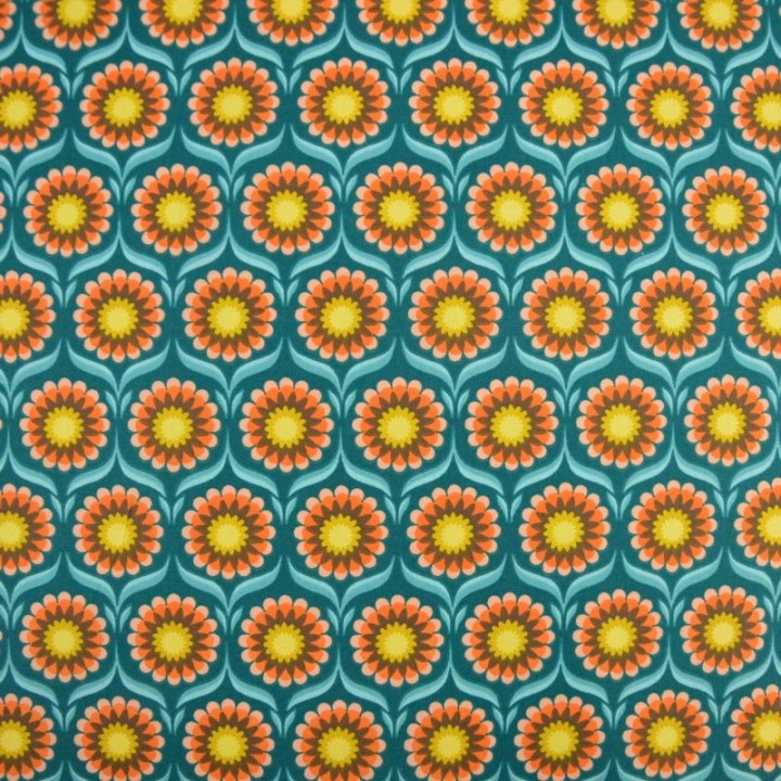 Tissu coton Jolijoli motif fleurs fond turquoise - OEKO TEX