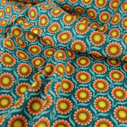 Tissu coton Jolijoli motif fleurs fond turquoise - OEKO TEX