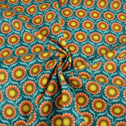 Tissu coton Jolijoli motif fleurs fond turquoise - OEKO TEX