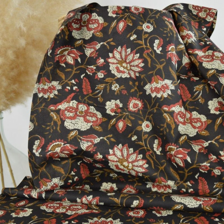 Tissu Indien Block Print Ziro fond lin
