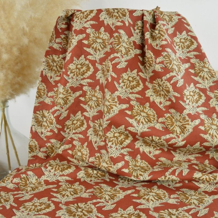 Tissu Indien Block Print Balii fond terracotta