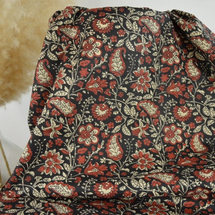 Tissu Indien Block Print Orchha fond Noir