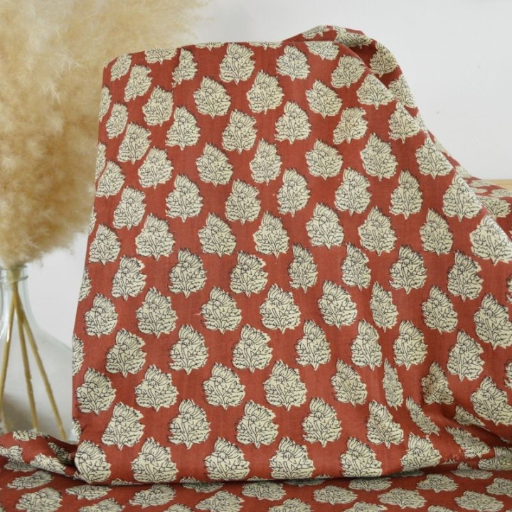 Tissu Indien Block Print Chopta fond terracotta