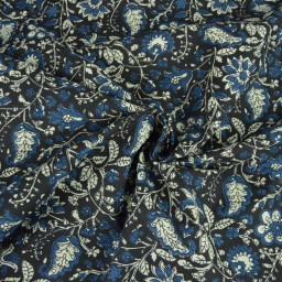 Tissu Indien Block Print Balaram motif fleurs fond noir