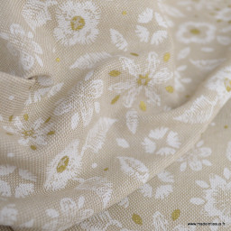 1 coupon de 1m de Tissu demi natté de Noël Noali motif fleurs dorées Naturel - oeko tex
