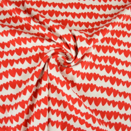 Tissu jersey côtelé bio motif coeurs rouges fond naturel - Poppy fabrics