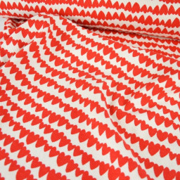 Tissu jersey côtelé bio motif coeurs rouges fond naturel - Poppy fabrics