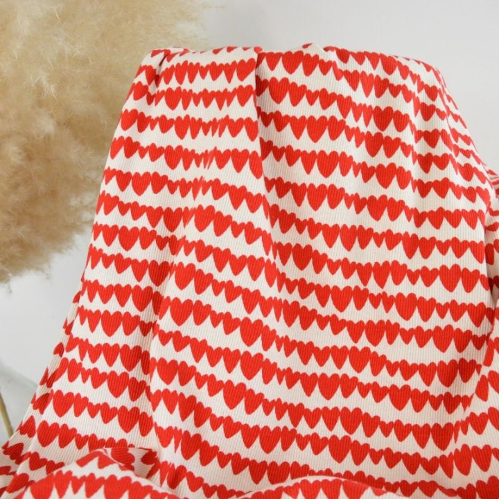 Tissu jersey côtelé bio motif coeurs rouges fond naturel - Poppy fabrics
