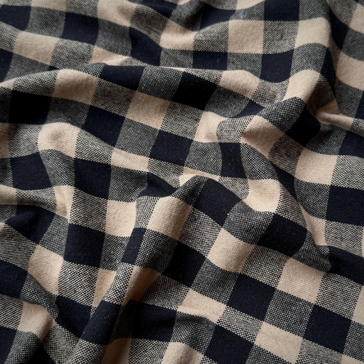 Tissu coton Celestin à grands carreaux Vichy Lin et Noir