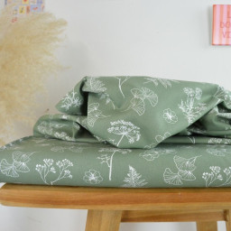 Tissu Popeline de coton motif Herbier fond vert olive - OEKO TEX