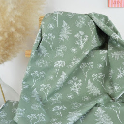Tissu Popeline de coton motif Herbier fond vert olive - OEKO TEX