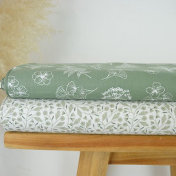 Tissu Popeline de coton motif Herbier fond vert olive - OEKO TEX
