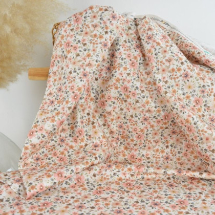Tissu popeline Poppy motifs Fleurs pêche et camel - OEKO TEX