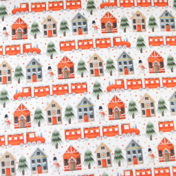 1 coupon de 1m50 de Tissu Sweat molleton de Noël motifs maisons et sapins rouge fond blanc