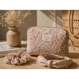 Tissu popeline Poppy motifs Fleurs pêche et camel - OEKO TEX