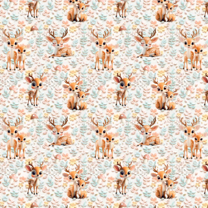 Tissu coton 3D Magi Deer - Motif Faons et champignons