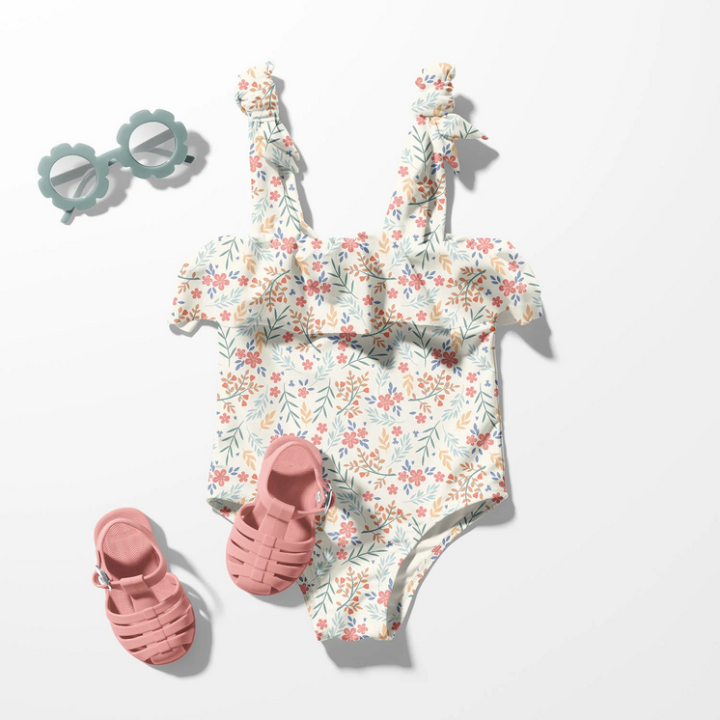 Tissu maillot de bain motif fleurs fond blanc cassé - oeko tex