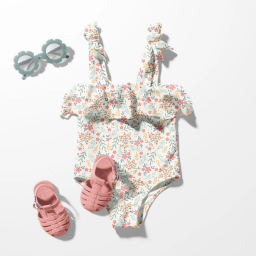 Tissu maillot de bain motif fleurs fond blanc cassé - oeko tex