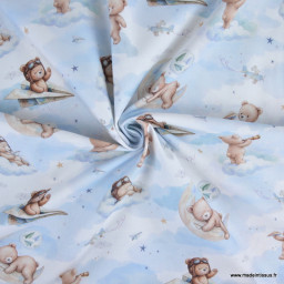 Tissu coton Volloin motif ours aviateur et lune fond ciel - OEKO TEX