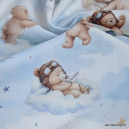 Tissu coton Volloin motif ours aviateur et lune fond ciel - OEKO TEX