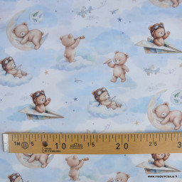 Tissu coton Volloin motif ours aviateur et lune fond ciel - OEKO TEX