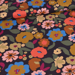 Tissu popeline de viscose Jano - motif fleurs Aubergine et cerise
