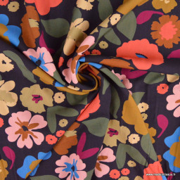 Tissu popeline de viscose Jano - motif fleurs Aubergine et cerise