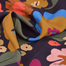 Tissu popeline de viscose Jano - motif fleurs Aubergine et cerise