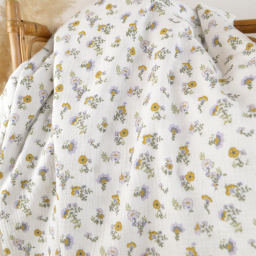 1 coupon de 65cm -  Tissu double gaze de coton Bio Violaine motif fleurs fond blanc