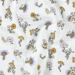 1 coupon de 65cm -  Tissu double gaze de coton Bio Violaine motif fleurs fond blanc